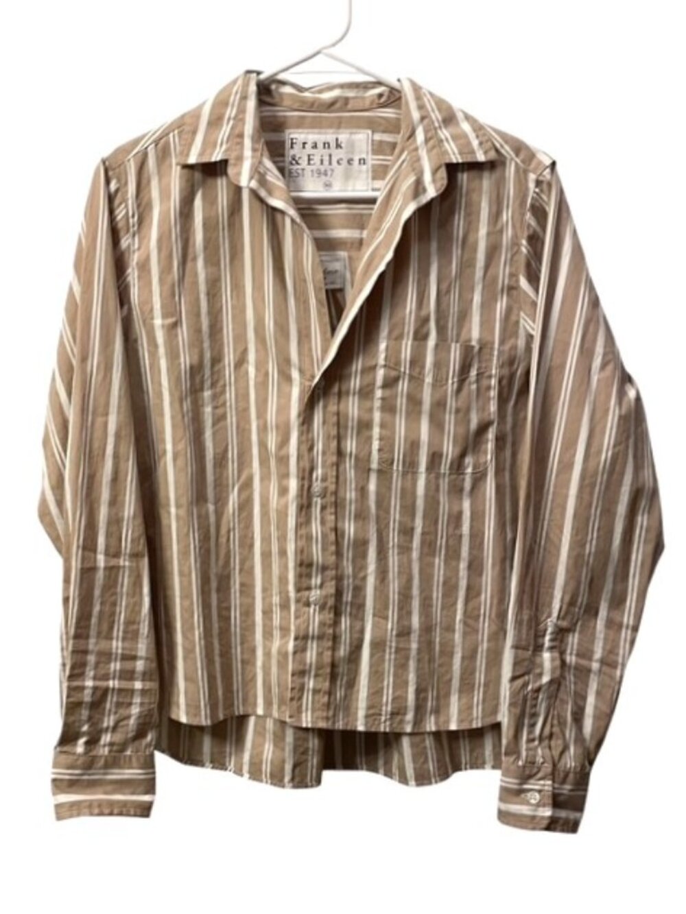 Frank & Eileen Silvio Button Down Top 100% Cotton Vertical Stripes Tan White XS